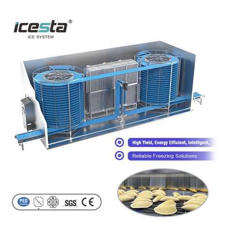 ICESTA Factory Precio de bajo consumo Alta eficiencia IQF Machine Beef Fish Automático Industrial Doble Spiral Belt Freezer