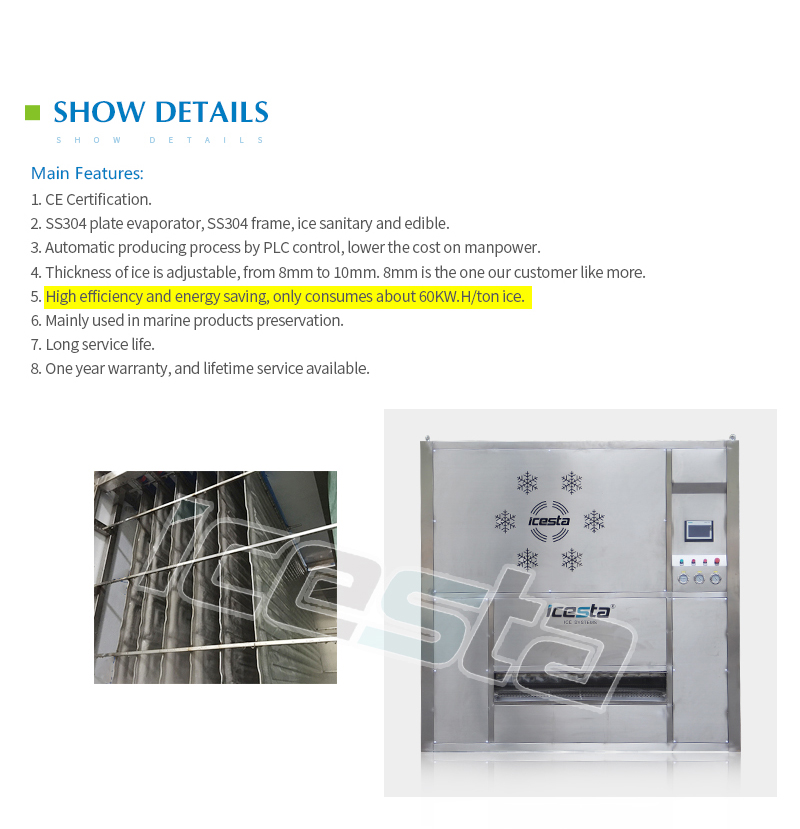 Máquina de hielo de placa de acero inoxidable de 10 toneladas de 10 toneladas, vida útil automática de alta calidad 